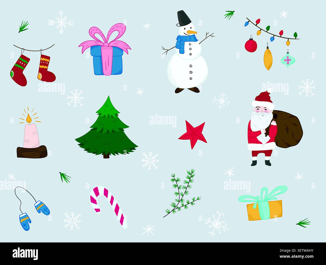 Ensemble de dessins animés mignon d'éléments de Noël lumineux Illustration de Vecteur