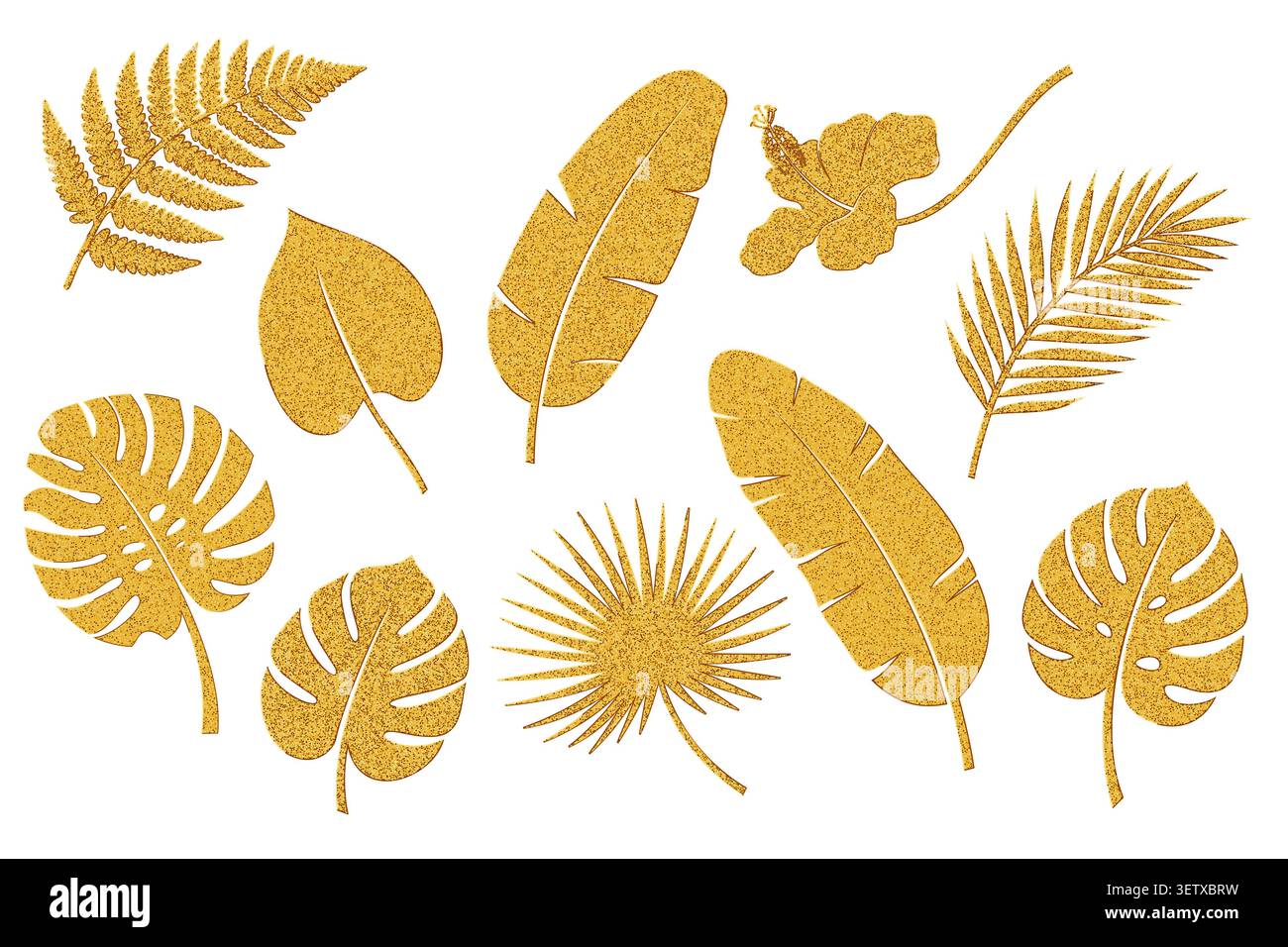 Ensemble de feuilles tropicales scintillantes dorées. Illustration vectorielle isolée. Illustration de Vecteur