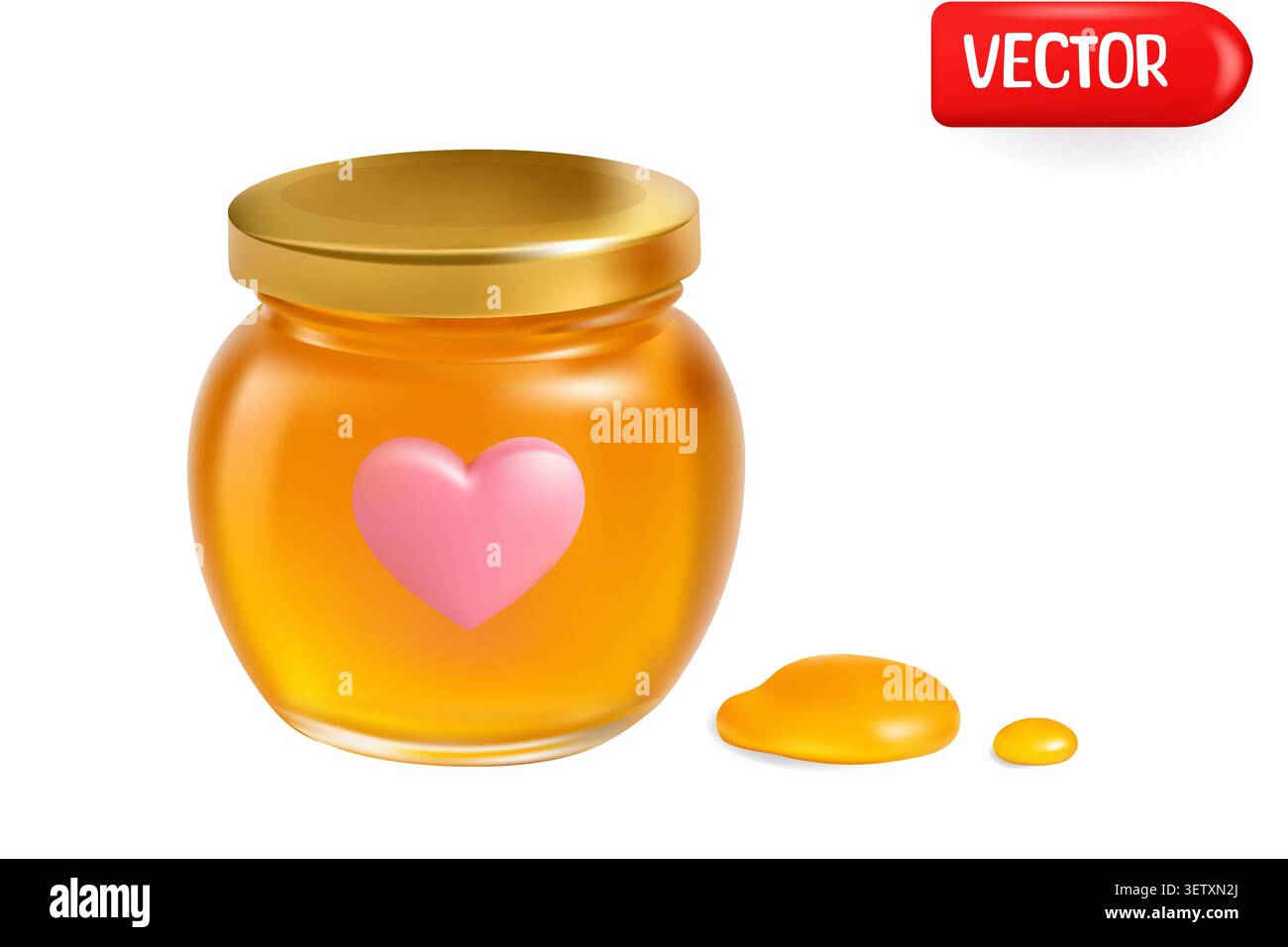 Miel doré stocké dans un récipient en verre avec une étiquette romantique et des éléments de nectar sucré coulant Illustration de Vecteur