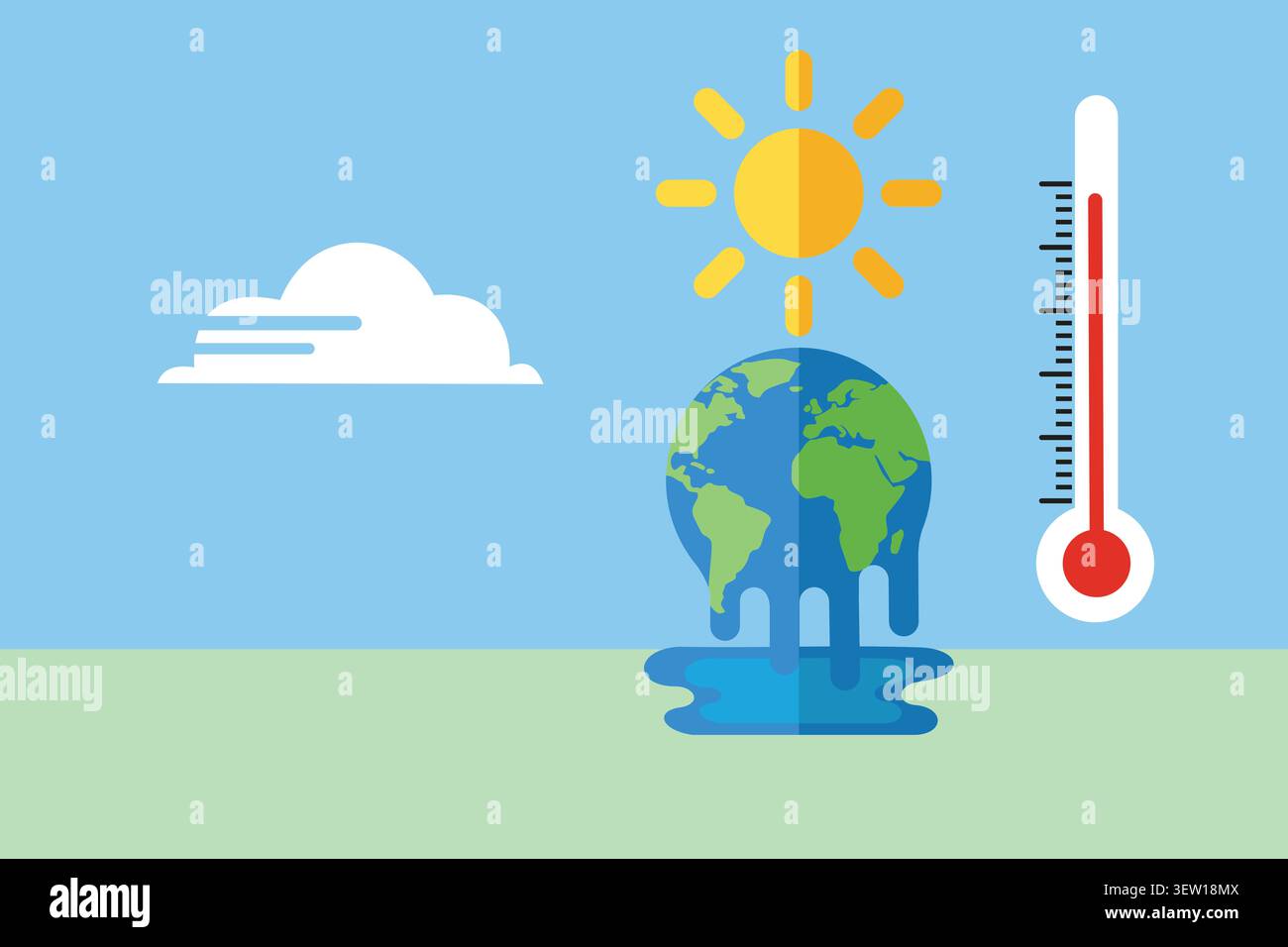 Illustration graphique du réchauffement climatique montrant une Terre en fonte sous un soleil chaud avec une lecture de thermomètre élevée, symbolisant la hausse des températures, climat Banque D'Images