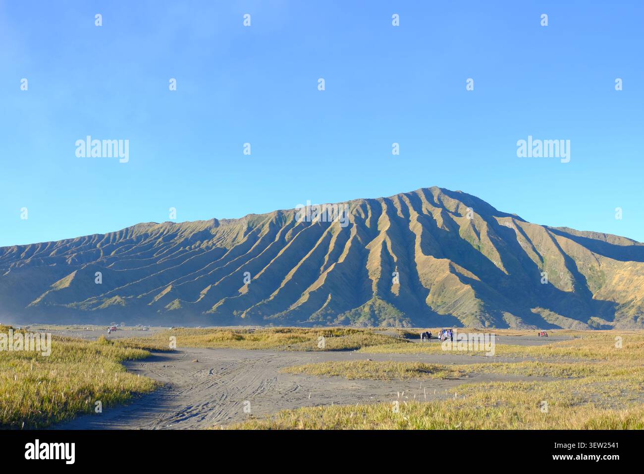 Paysage du mont Batok dans le parc national bromo Tengger Semeru, Java oriental, Indonésie, avec des plaines de sable volcanique et un ciel bleu clair. Banque D'Images