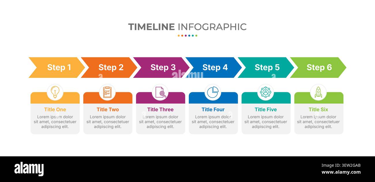 Modèle de présentation infographique Timeline avec 6 étapes ou options. Infographie de processus en six phases avec 6 étapes fléchées, six options de chiffres. Vecteur. Illustration de Vecteur