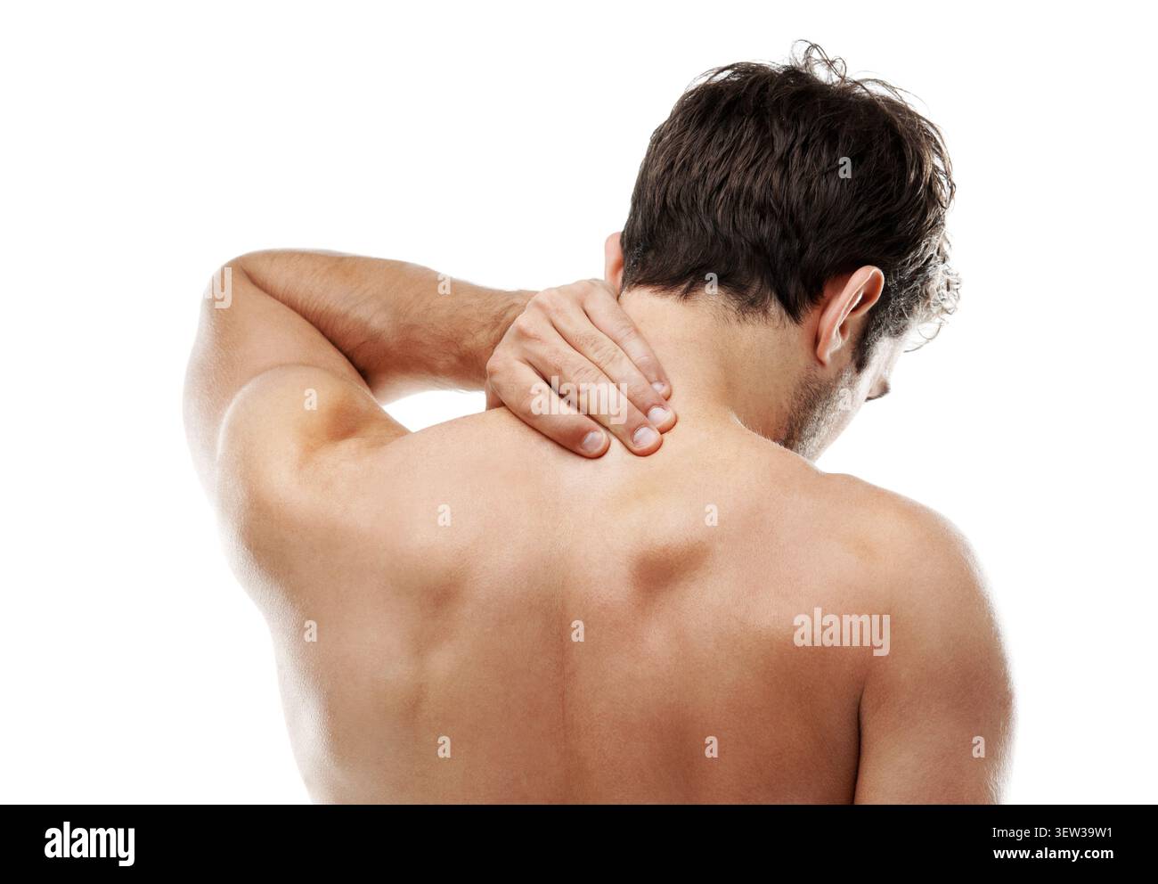 Douleurs au dos, aux mains et au cou avec homme en studio pour inflammation, fibromyalgie et fatigue. Arthrose, tendinite et pression avec personne sur blanc Banque D'Images