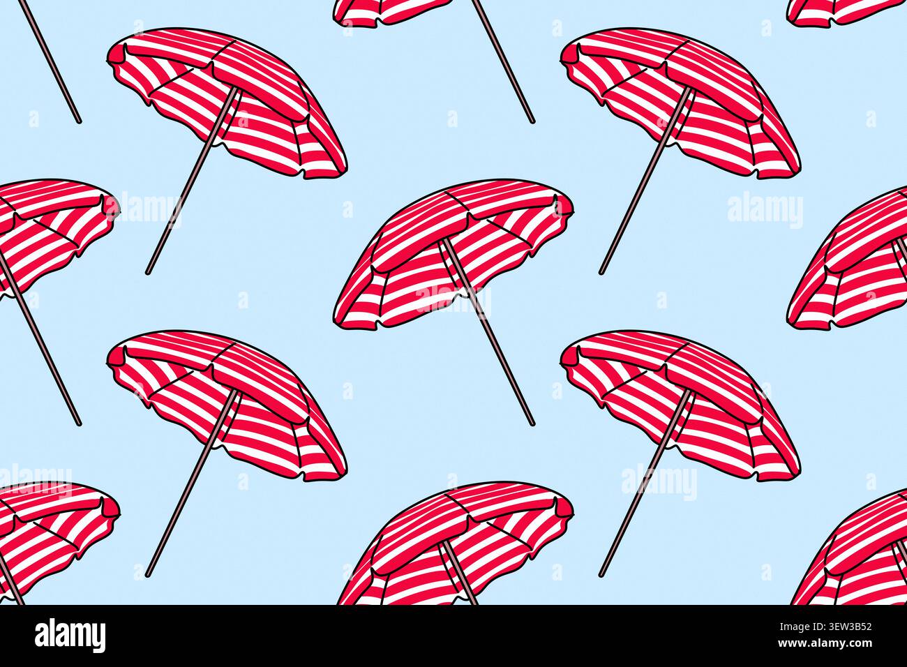 Parasol d'été motif sans couture avec des rayures rouges et blanches sur fond bleu clair. Conception textile ou emballage. Banque D'Images