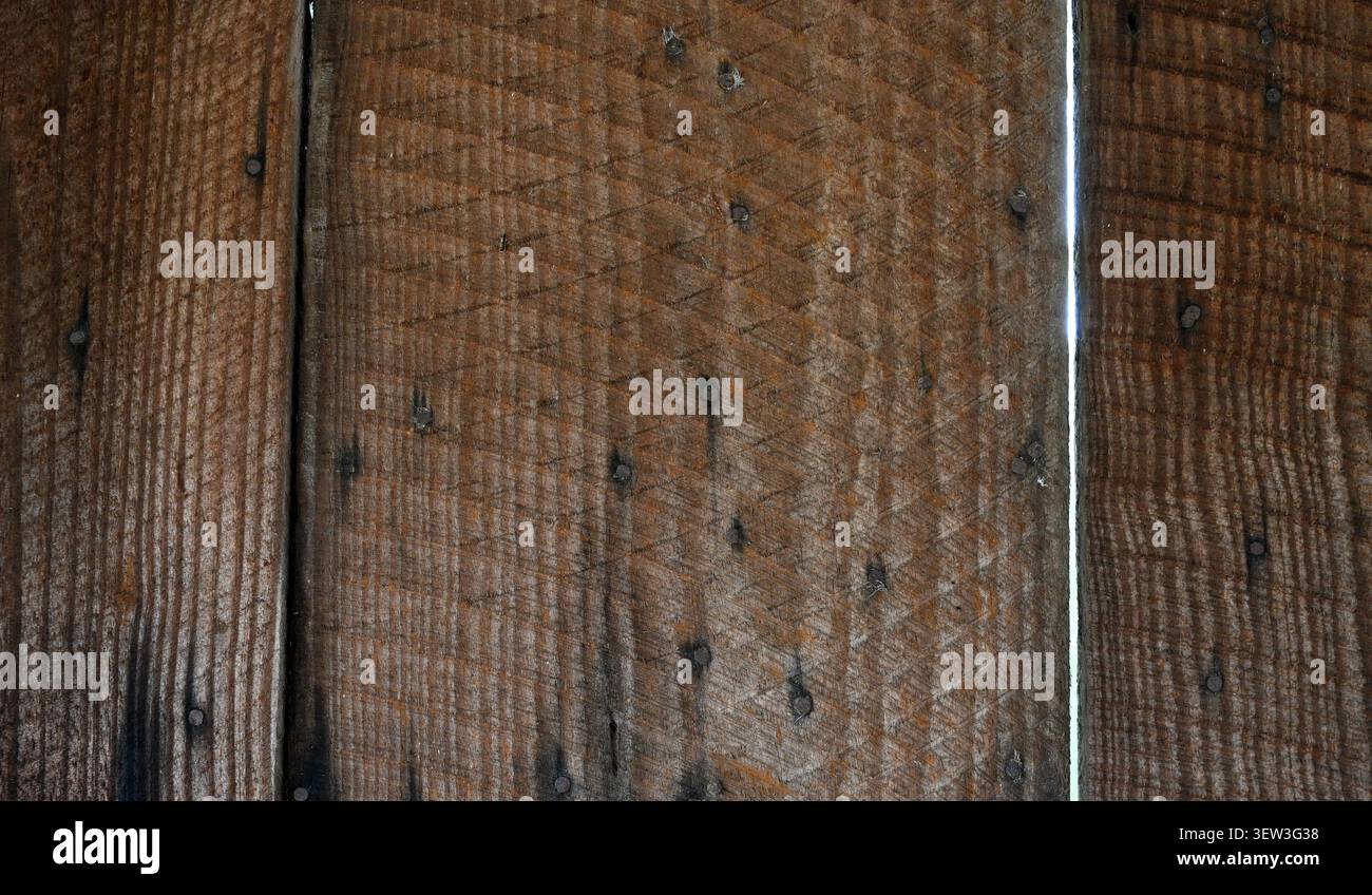 Gros plan de revêtement de planches de planches récupérées avec des planches brunes altérées et de nombreux clous Banque D'Images