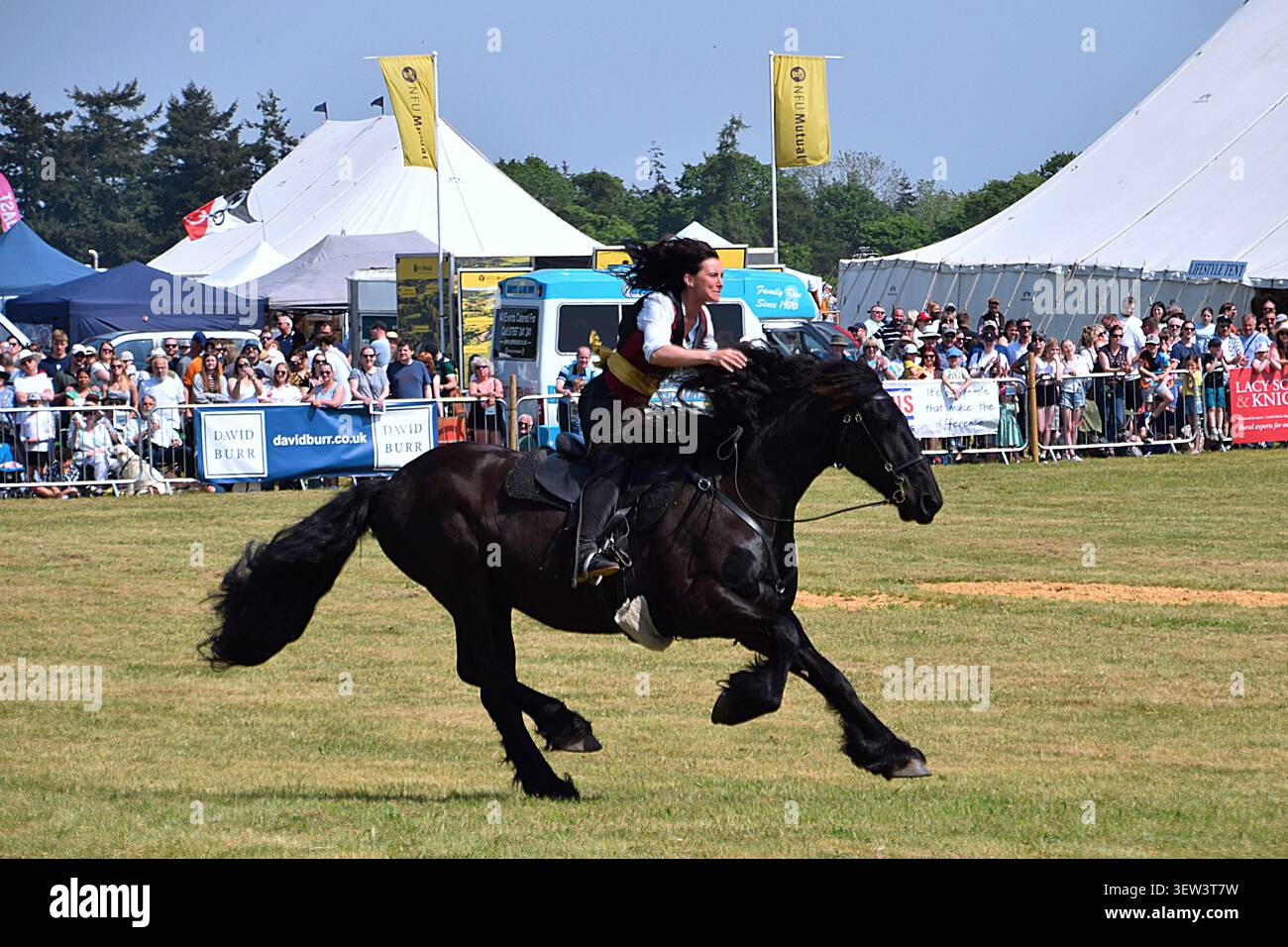 Cavalier d'OG performance Horses effectuant un spectacle de tours au Suffolk Show, Suffolk, Angleterre Banque D'Images