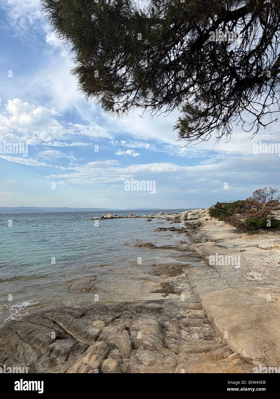 Vue panoramique sur un magnifique paysage côtier à Halkidiki, Grèce, avec des eaux méditerranéennes turquoises, des formations rocheuses uniques et des pins - Image de stock capturée avec un smartphone