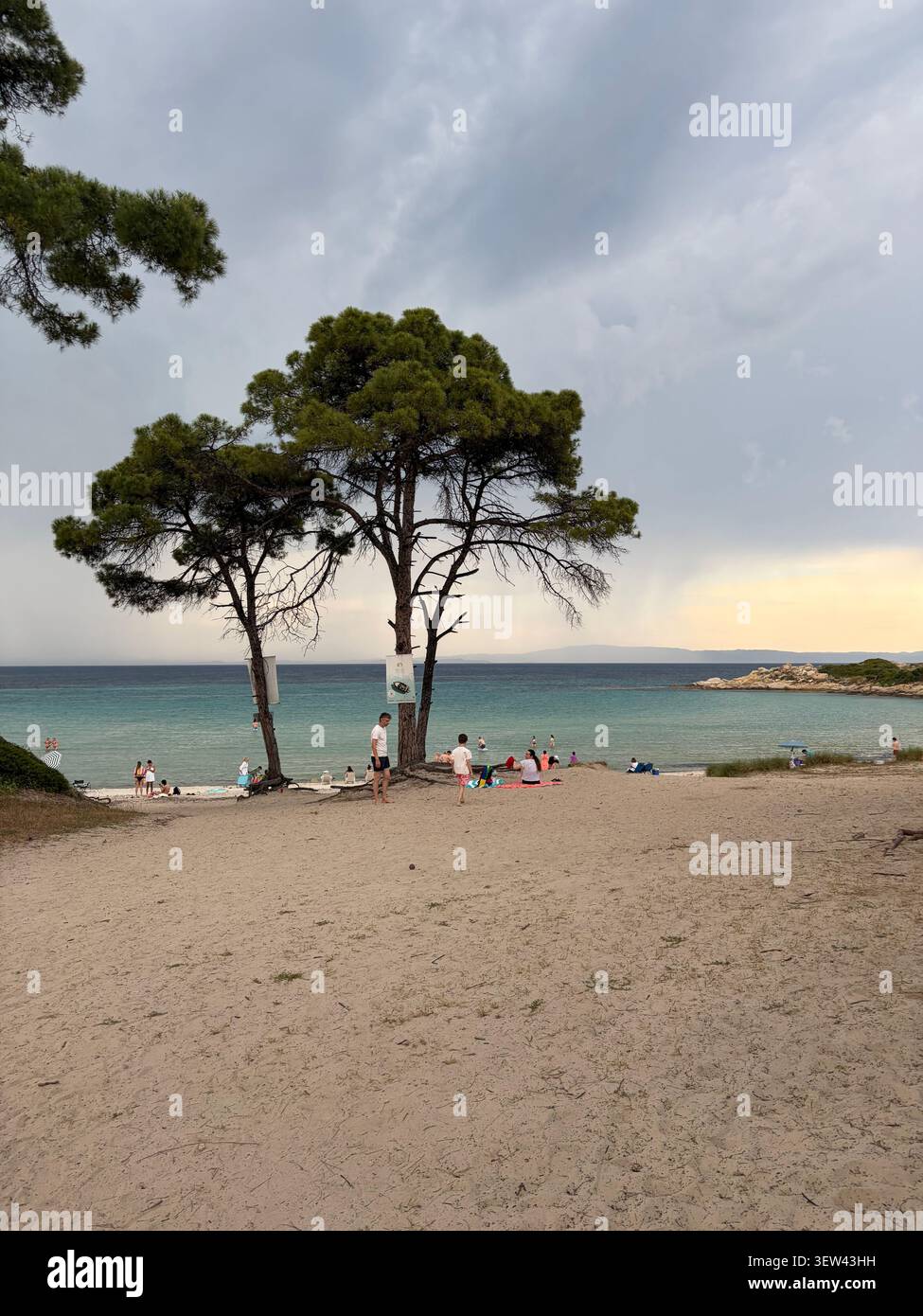 Vue panoramique sur un magnifique paysage côtier à Halkidiki, Grèce, avec des eaux méditerranéennes turquoises, des formations rocheuses uniques et des pins - Image de stock capturée avec un smartphone