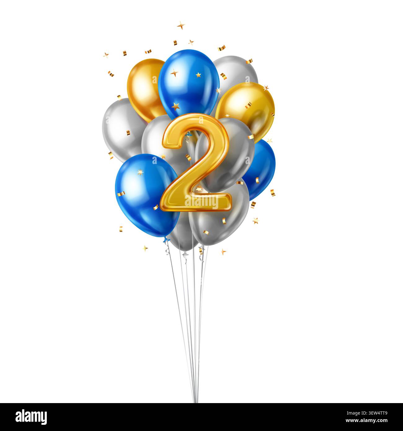 Un bouquet vibrant de ballons métalliques formant le numéro deux, entouré de confettis dorés. Illustration de Vecteur