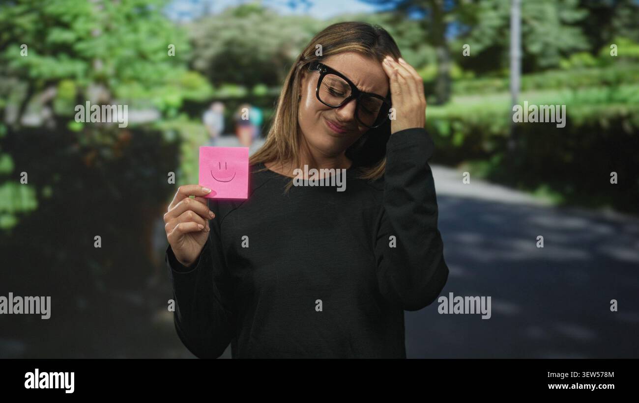 Femme tenant une note collante rose avec un sourire dessiné tandis que la main à la tempe pour mal de tête dans une rue ; frustration cachée. Banque D'Images