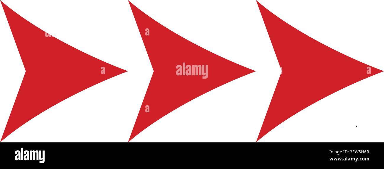 Illustration graphique simple avec trois flèches rouges vives disposées en rangée pointant vers le côté droit pour indiquer la direction, la progression ou Illustration de Vecteur
