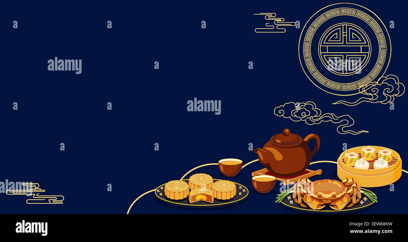 Bannière horizontale modifiable du festival de mi-automne avec de la nourriture traditionnelle, des gâteaux de lune, du crabe, des dim sum et du thé sur fond bleu foncé avec espace de copie. Illustration de Vecteur