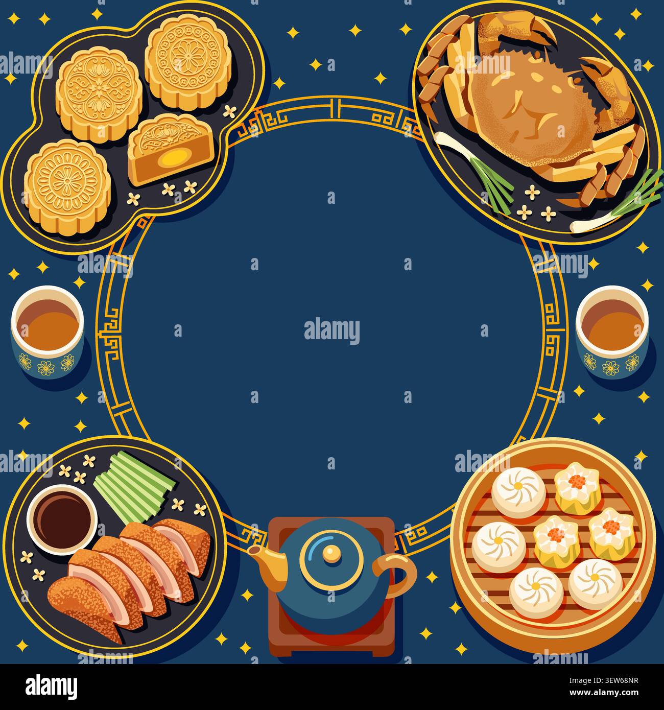 Bannière carrée modifiable du Festival de la mi-automne avec cuisine asiatique traditionnelle : gâteaux de lune, crabe, dim sum, porc rôti et thé avec espace de copie. Illustration de Vecteur