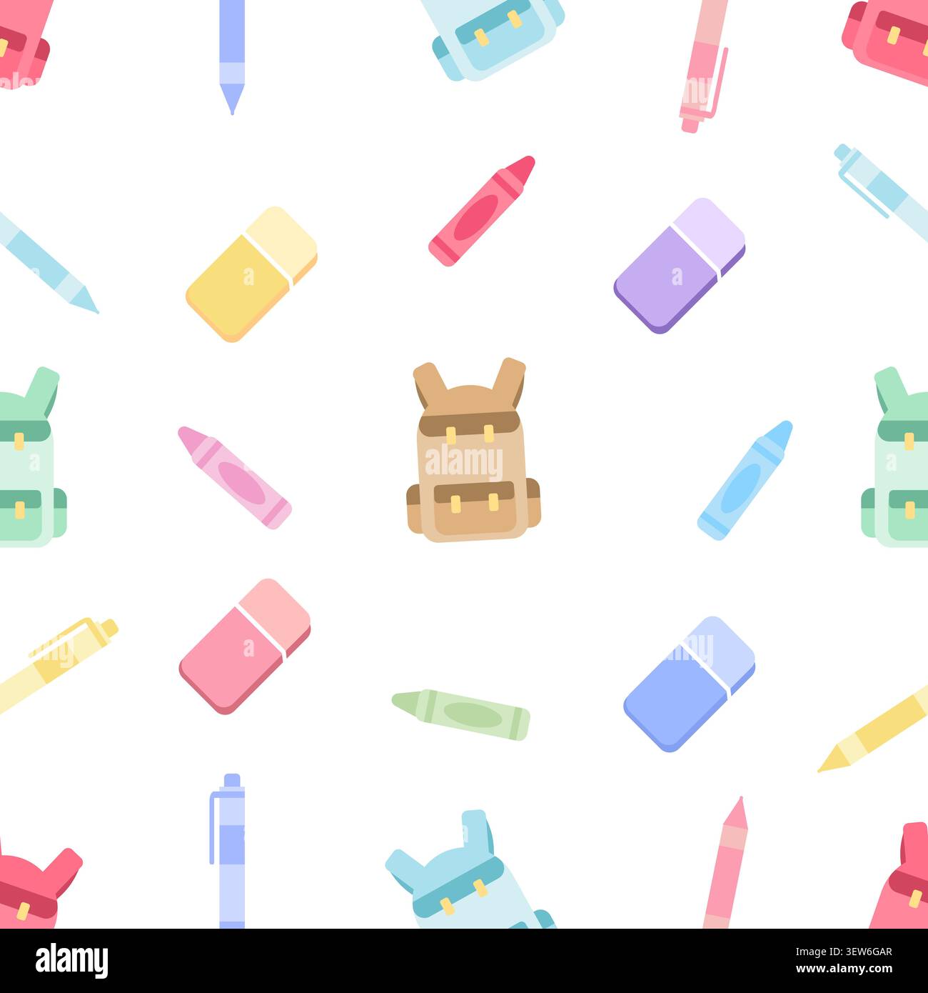 Un charmant fond sans couture avec des articles de papeterie pastel colorés dispersés sur blanc. Motif répétitif ludique avec des sacs d'école, des gommes, cra Illustration de Vecteur