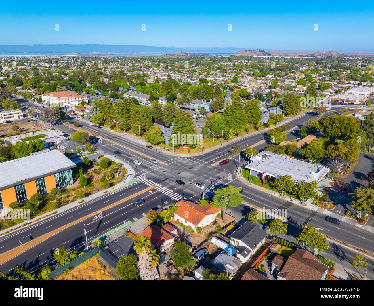 Vue aérienne des maisons résidentielles historiques au centre-ville de Newark, Californie CA, États-Unis. Banque D'Images