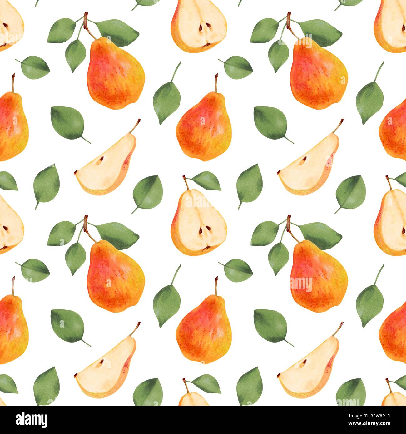 Motif aquarelle sans couture avec poires entières, tranches et feuilles. Dessiné à la main isolé Nourriture végétarienne et biologique. Fond fruité pour l'emballage Banque D'Images