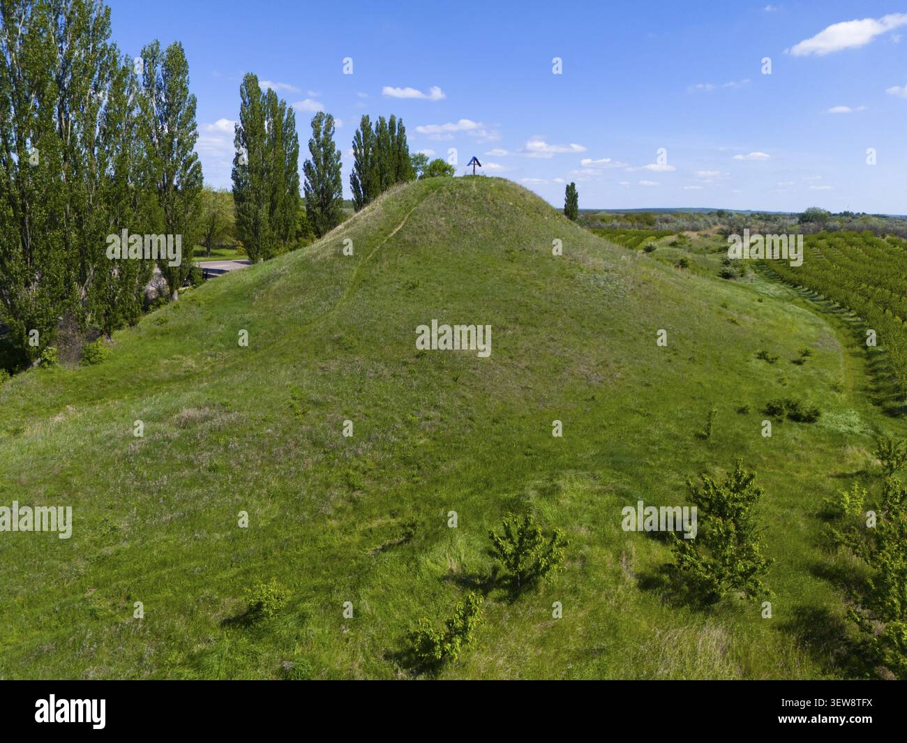 Colline verte avec monument au sommet entouré de grands arbres sous ciel dégagé, vue aérienne, Movila Tiganului, colline gitane, hauteur de presque 30 mètres, Suta Banque D'Images