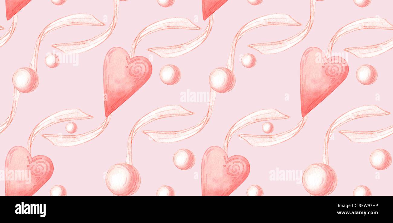 Coeurs roses, rubans et perles de perle motif sans couture diagonale sur fond rose. Aquarelle conception romantique pour les cartes de Saint-Valentin, emballage cadeau, tissu, Banque D'Images