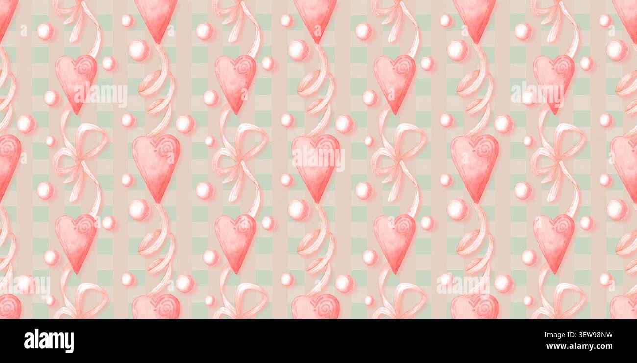 Coeurs roses, rubans et perles de perles motif vertical sans couture sur fond de menthe et de plaid rose. Aquarelle design romantique pour les cartes de Saint-Valentin, cadeau Banque D'Images