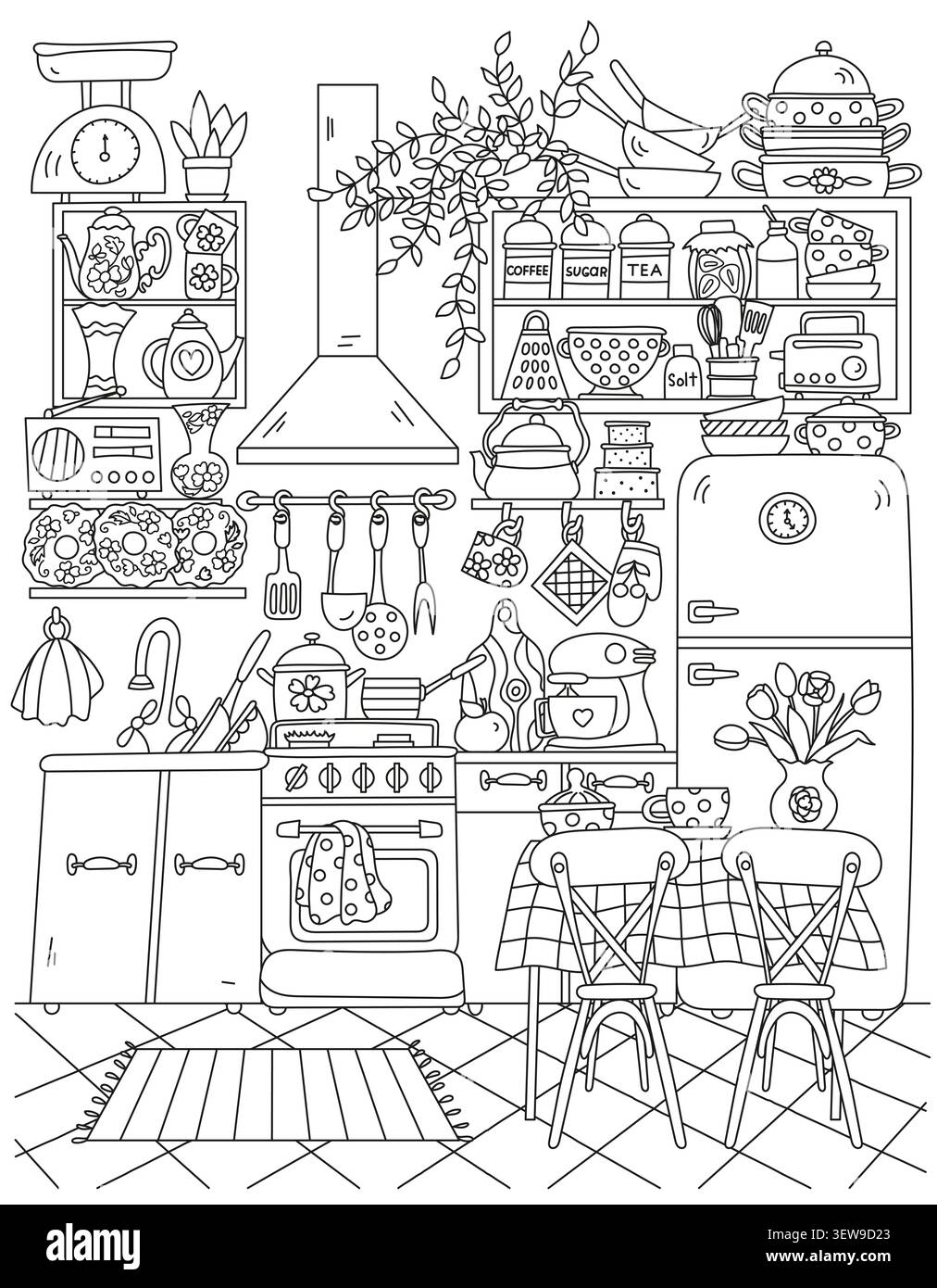 Cuisine rétro remplie d'articles 50S et livre de coloriage pour adultes et enfants Banque D'Images