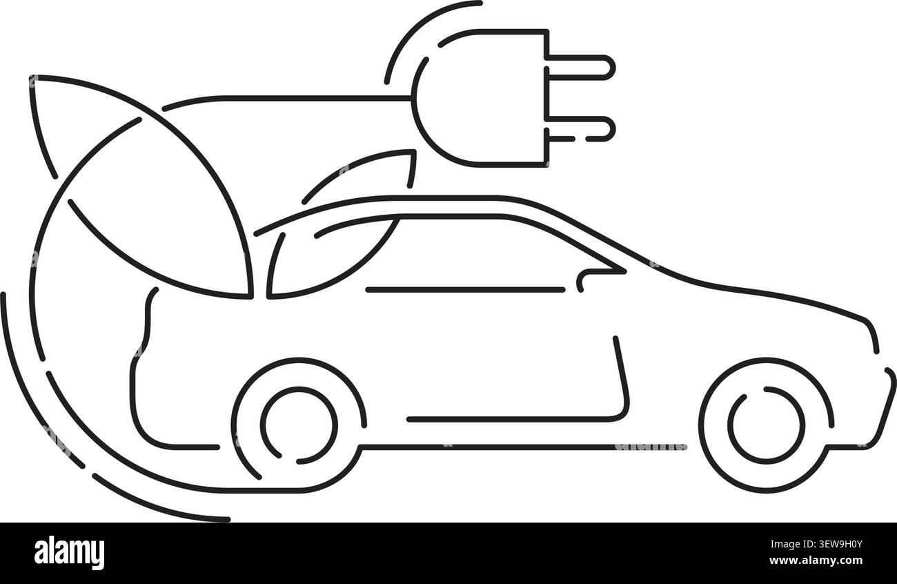 Modèle de logo de véhicule électrique. Voiture avec prise électrique et feuilles, style géométrique, en ligne mince Illustration de Vecteur