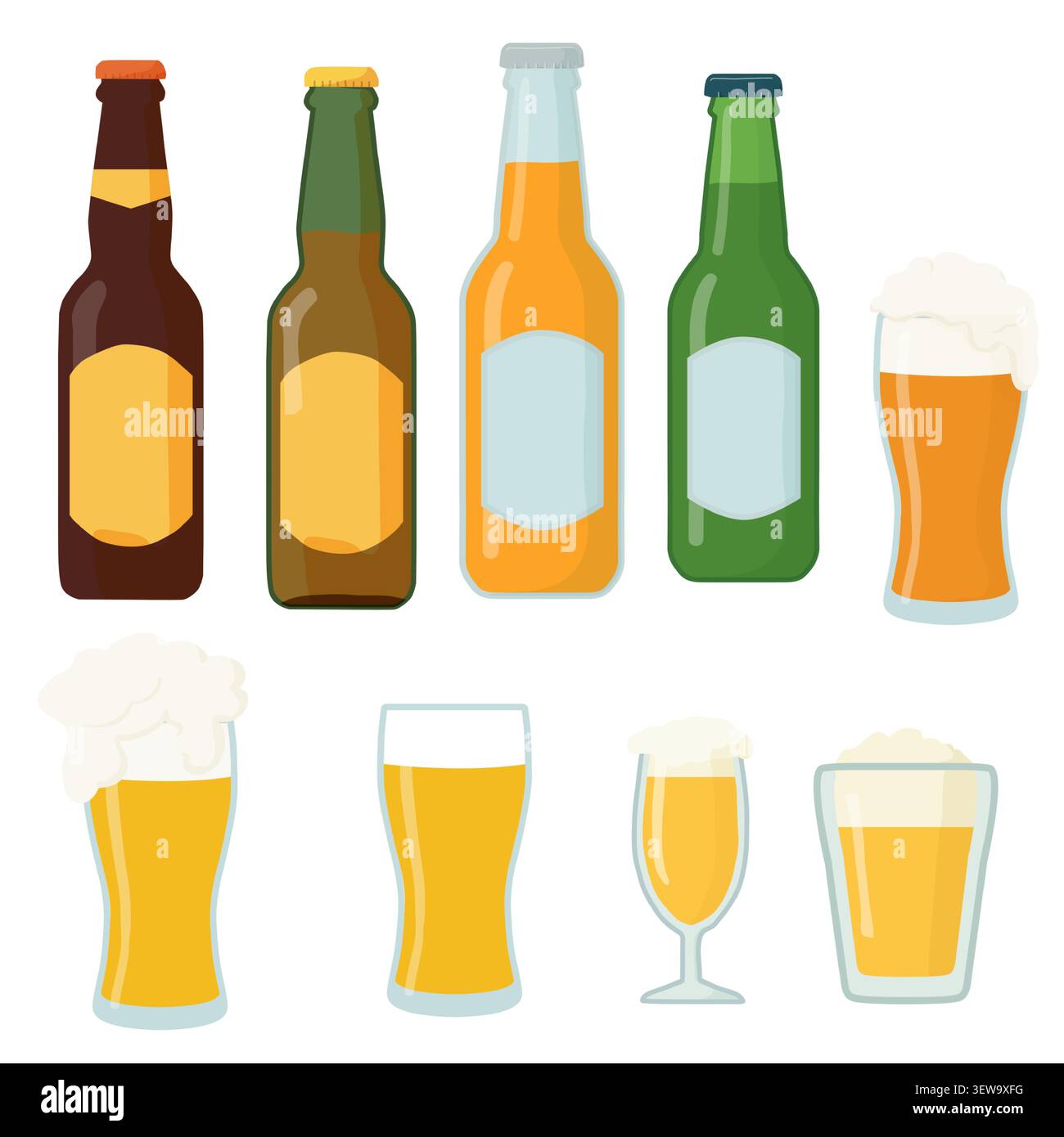 Une bouteille de bière ou de limonade et un verre de boisson mousseuse. Illustration vectorielle. Un ensemble de bouteilles en verre avec couvercles et étiquettes et verres à bière isolés Illustration de Vecteur