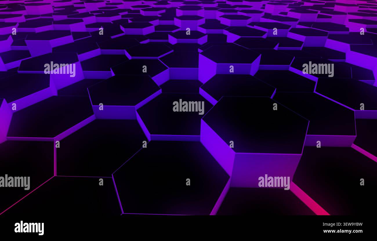 Générer un fond de grille hexagonale futuriste avec des lignes violettes et magenta brillantes, créant une surface numérique et inspirée par la technologie Banque D'Images