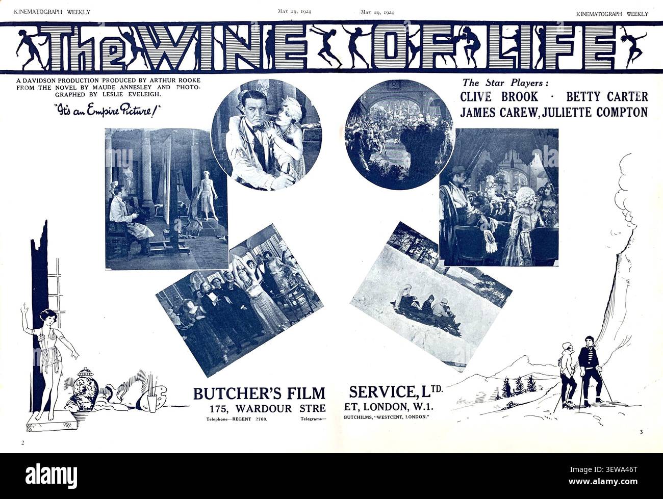 Publicité commerciale britannique pour CLIVE BROOK BETTY CARTER JAMES CAREW et JULIETTE COMPTON dans LE WINE OF LIFE 1924 réalisateur ARTHUR ROOKE roman Maude Annesley cinéaste Leslie Evenleigh an I. B. Davidson production / Butcher's film Service Banque D'Images