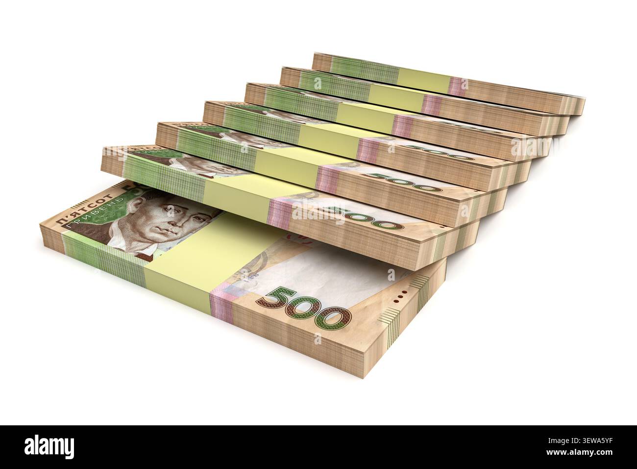 Paquets de cinq cents billets de banque ukrainiens hryvnia empilés sur fond blanc. rendu 3d. Banque D'Images