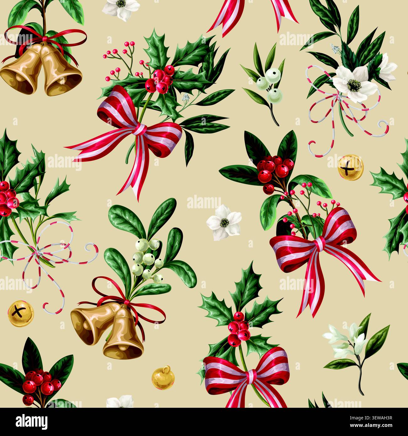 Motif sans couture de fleurs de Noël avec Poinsettia Holly Botanical Bells Ribbons festive fond Design Illustration de Vecteur