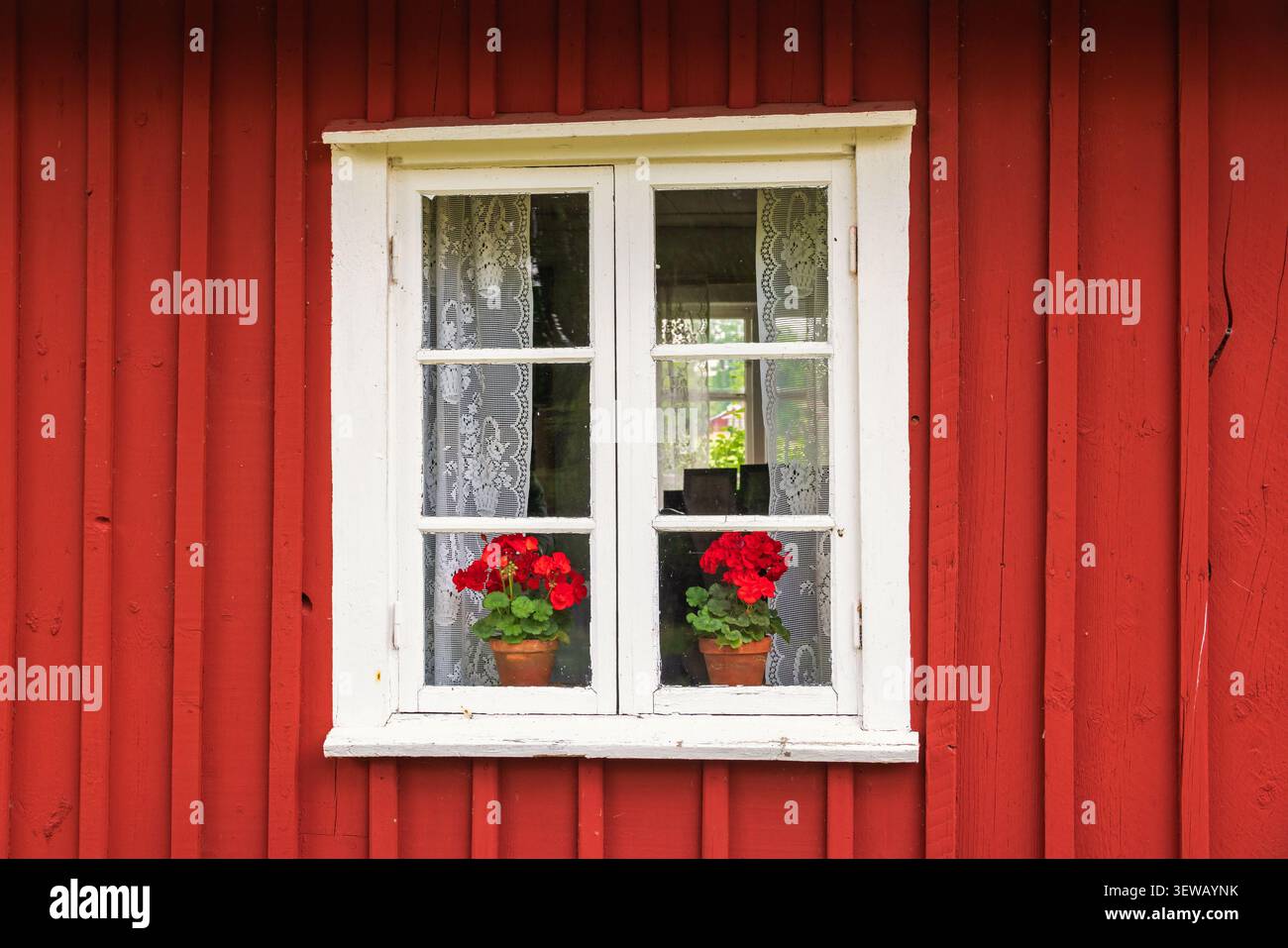 Chalet rouge avec des géraniums en fleurs dans la fenêtre Banque D'Images