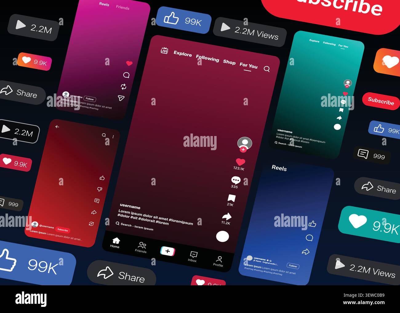 Jeu de modèles d'interface mobile de médias sociaux pour YouTube, Instagram, Facebook et vecteur d'applications de créateur de contenu TikTok Illustration de Vecteur