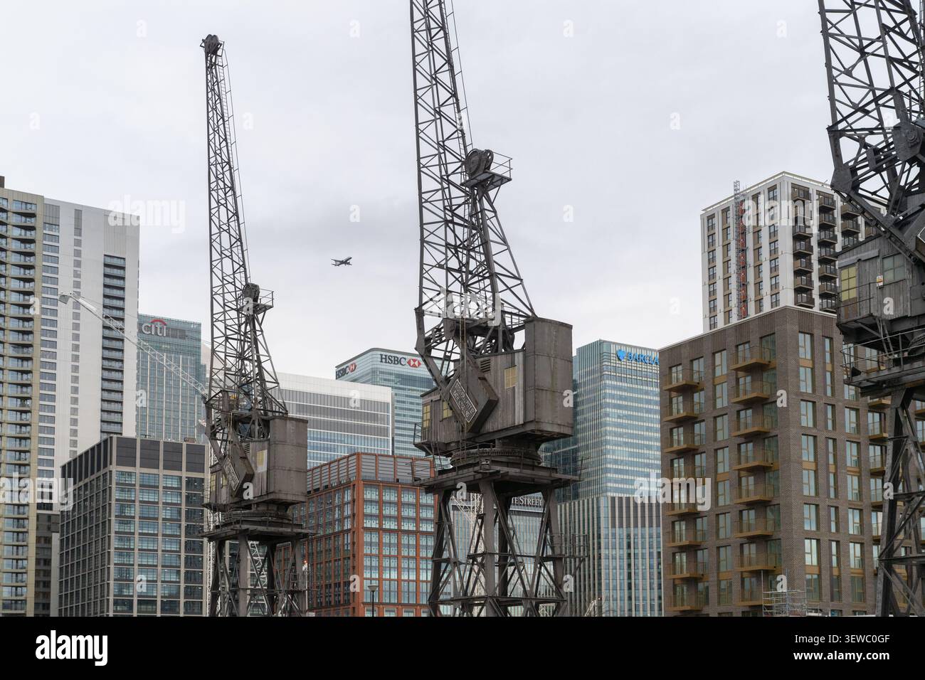 Des grues historiques se trouvent à Canary Wharf, à Londres, préservant le patrimoine maritime contre un horizon financier moderne près de l'aéroport de City. Banque D'Images