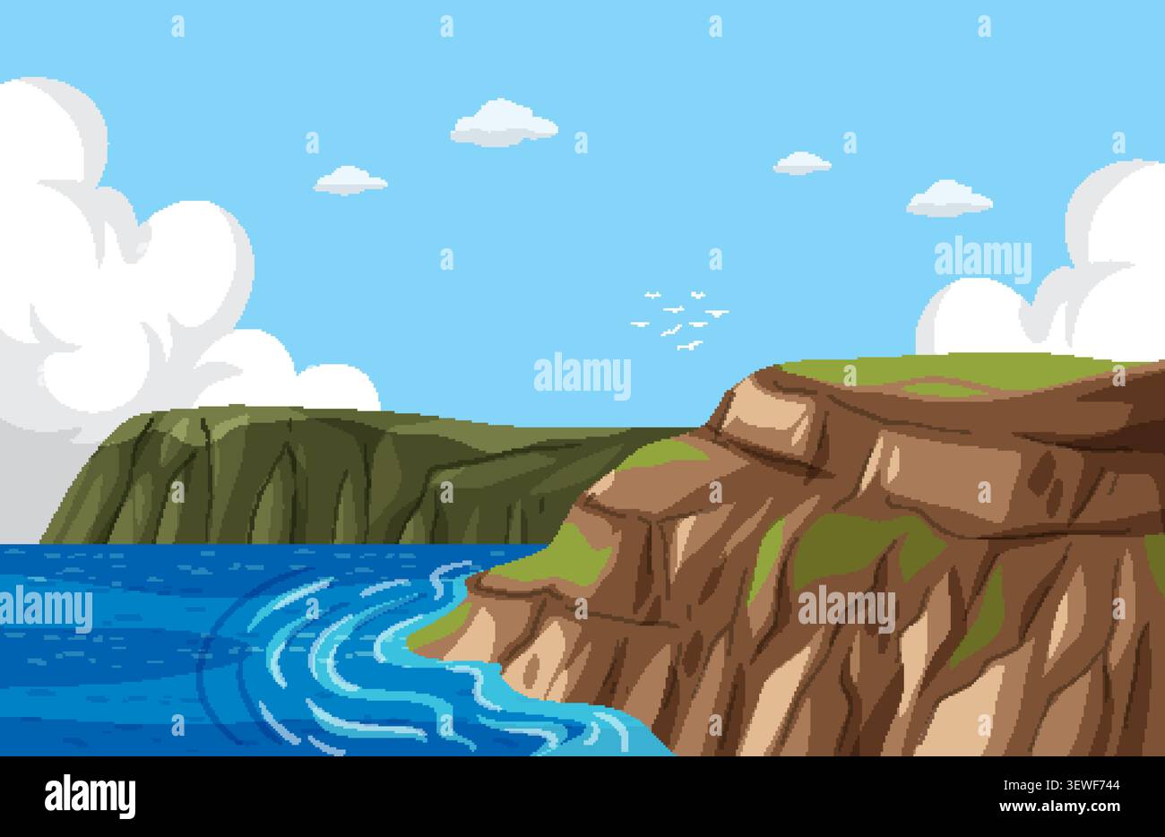 Paysage côtier méditerranéen ensoleillé avec falaises rocheuses abruptes et vecteur mer bleue calme Illustration de Vecteur