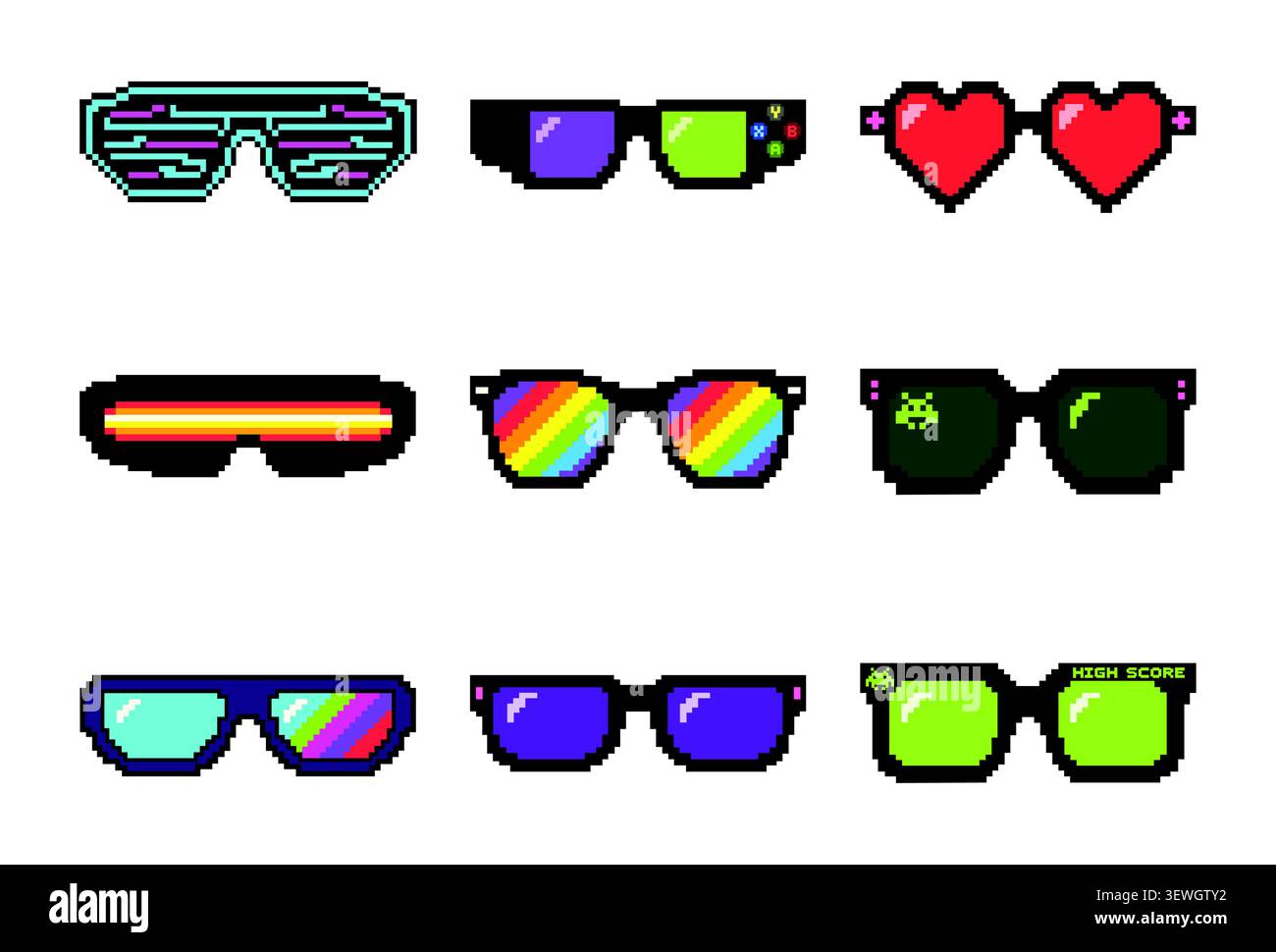 Ensemble d'icônes de lunettes de soleil Pixel art avec jeu rétro, lunettes de coeur, lunettes 3D et vecteur coloré de conceptions de lunettes pixelisées Illustration de Vecteur