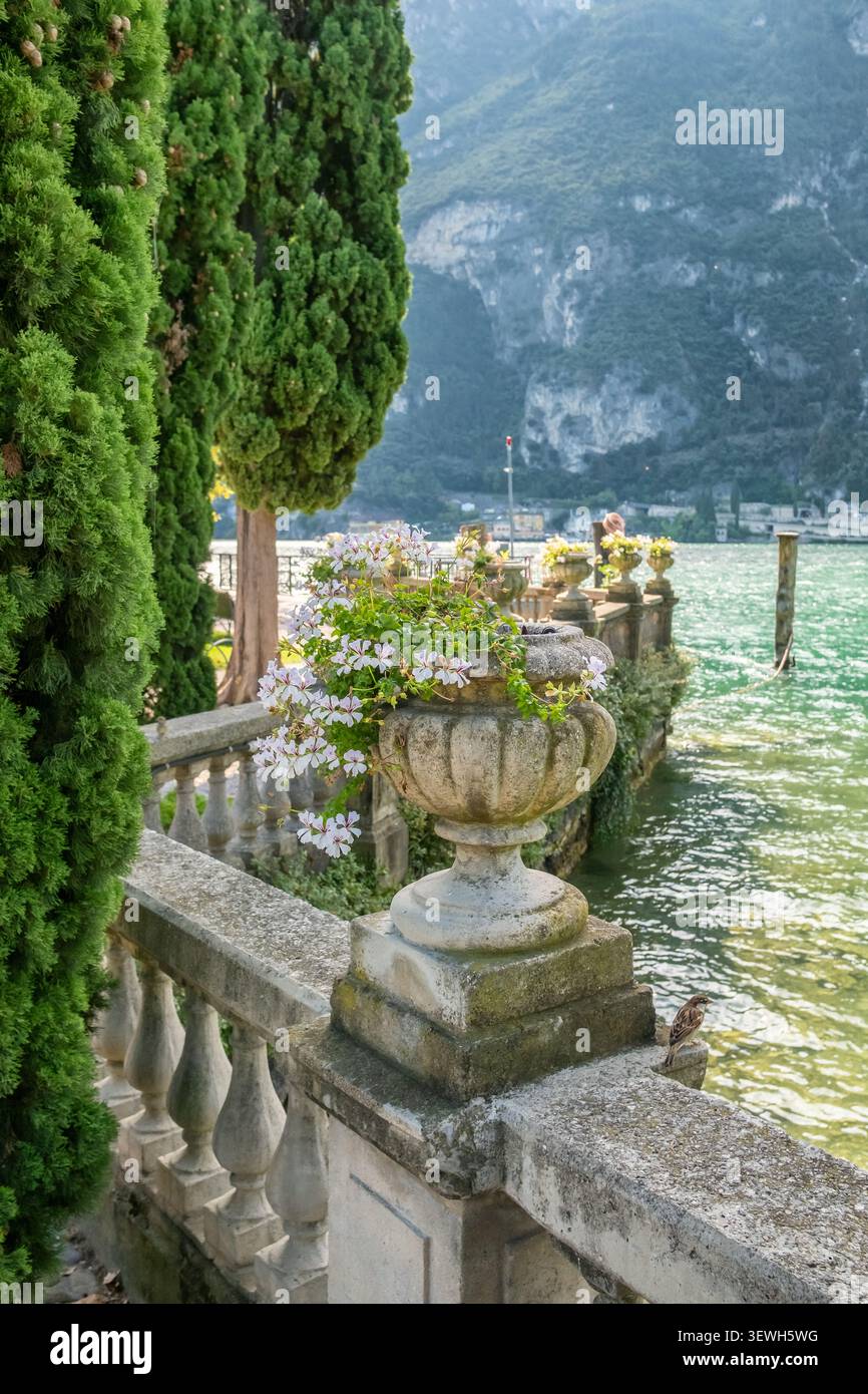 Vase en pierre avec des fleurs à la promenade du lac, Riva del Garda, Italie Banque D'Images