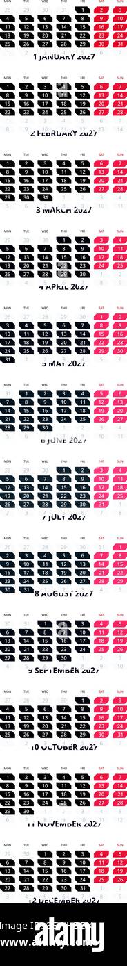 Anglais 2027 vertical Linear Grid Ultra minimalist Line Art Calendar Sheet Thin Grid Year Planner (compatible avec 2038 et 2049). Illustration de Vecteur