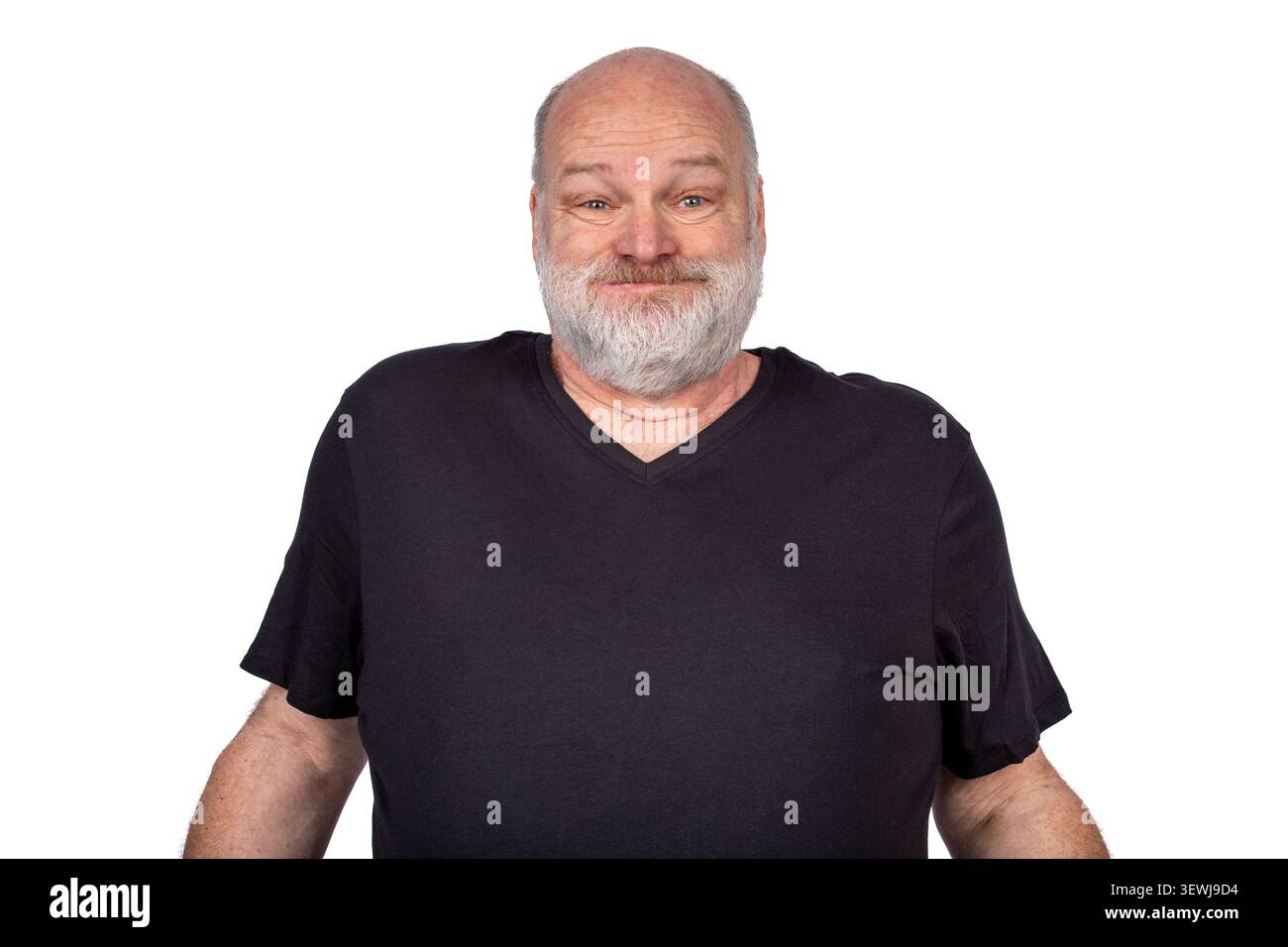 Homme barbu d'âge moyen retenant le souffle isolé sur fond blanc portrait de studio Banque D'Images