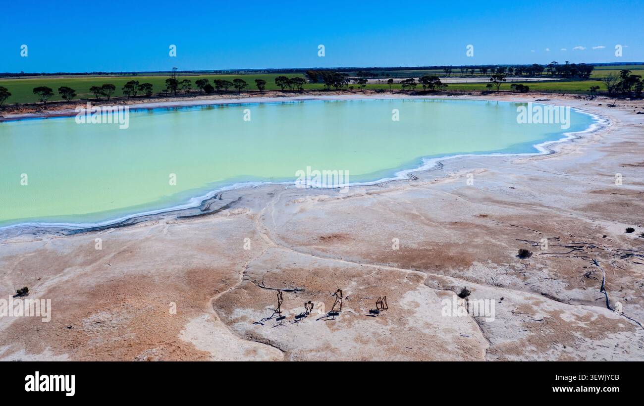 Vue aérienne d'un lac salé turquoise vibrant entouré de terre sèche et fissurée et d'une végétation clairsemée sous un ciel bleu clair à Kondinin, en Australie occidentale Banque D'Images