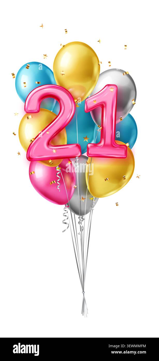Les ballons en feuille de couleur vive orthographiant 21 se lèvent parmi diverses nuances de confettis jaune, bleu, or et argent. Illustration de Vecteur