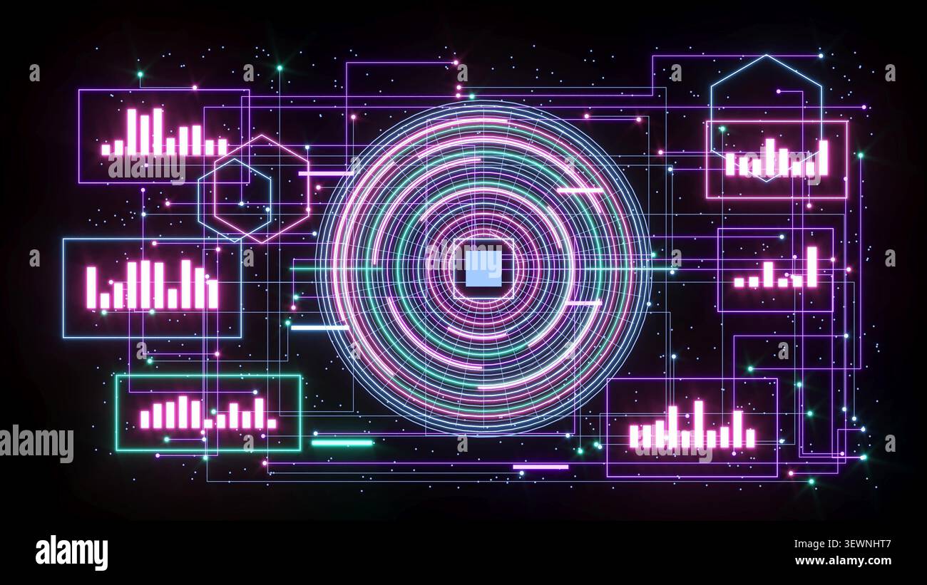 UX UI Tech Neon Circle graph bg rendu 3D. Banque D'Images