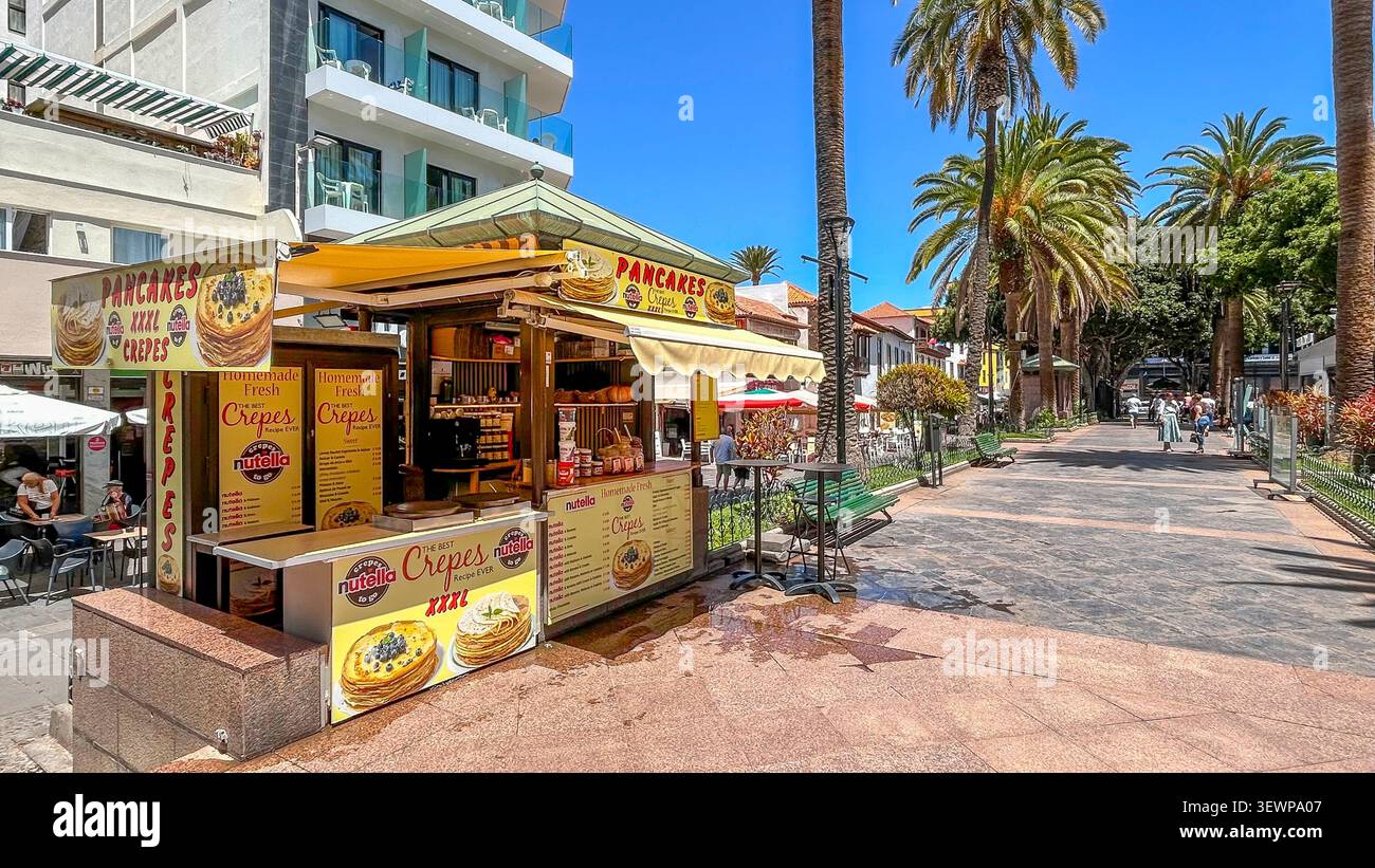 Stand de crêpe à Plaza del Charco, Puerto de la Cruz, Tenerife Banque D'Images