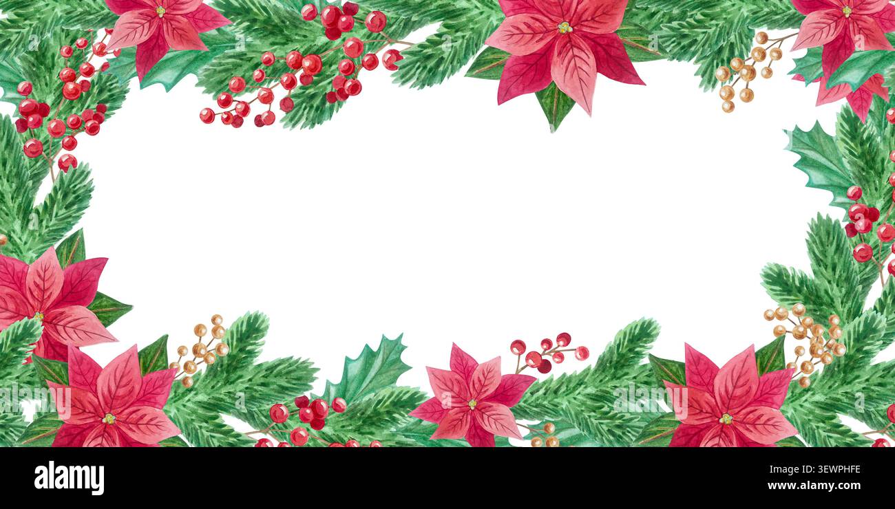 Cadre pour carte de voeux de Noël aquarelle orné de fleurs poinsettia rouges, de baies d'hiver, de houx et de branches de sapin luxuriantes. Temp. Vacances horizontale vide Banque D'Images