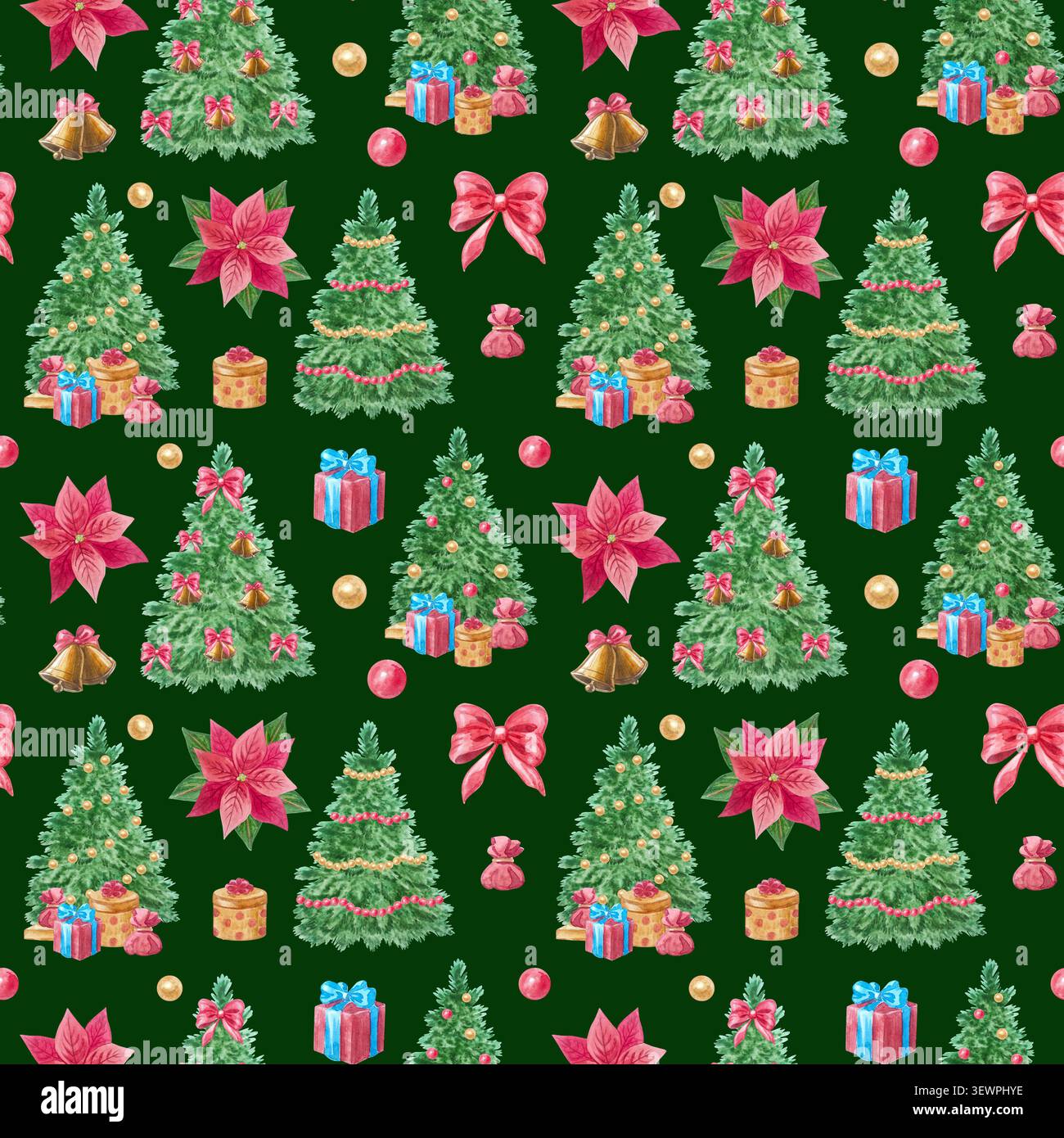Motif aquarelle de noël sans couture avec boîte-cadeau d'arbre d'hiver festif de vacances. Ornement dessiné à la main cloche poinsettia fleur illustration élément sombre Banque D'Images
