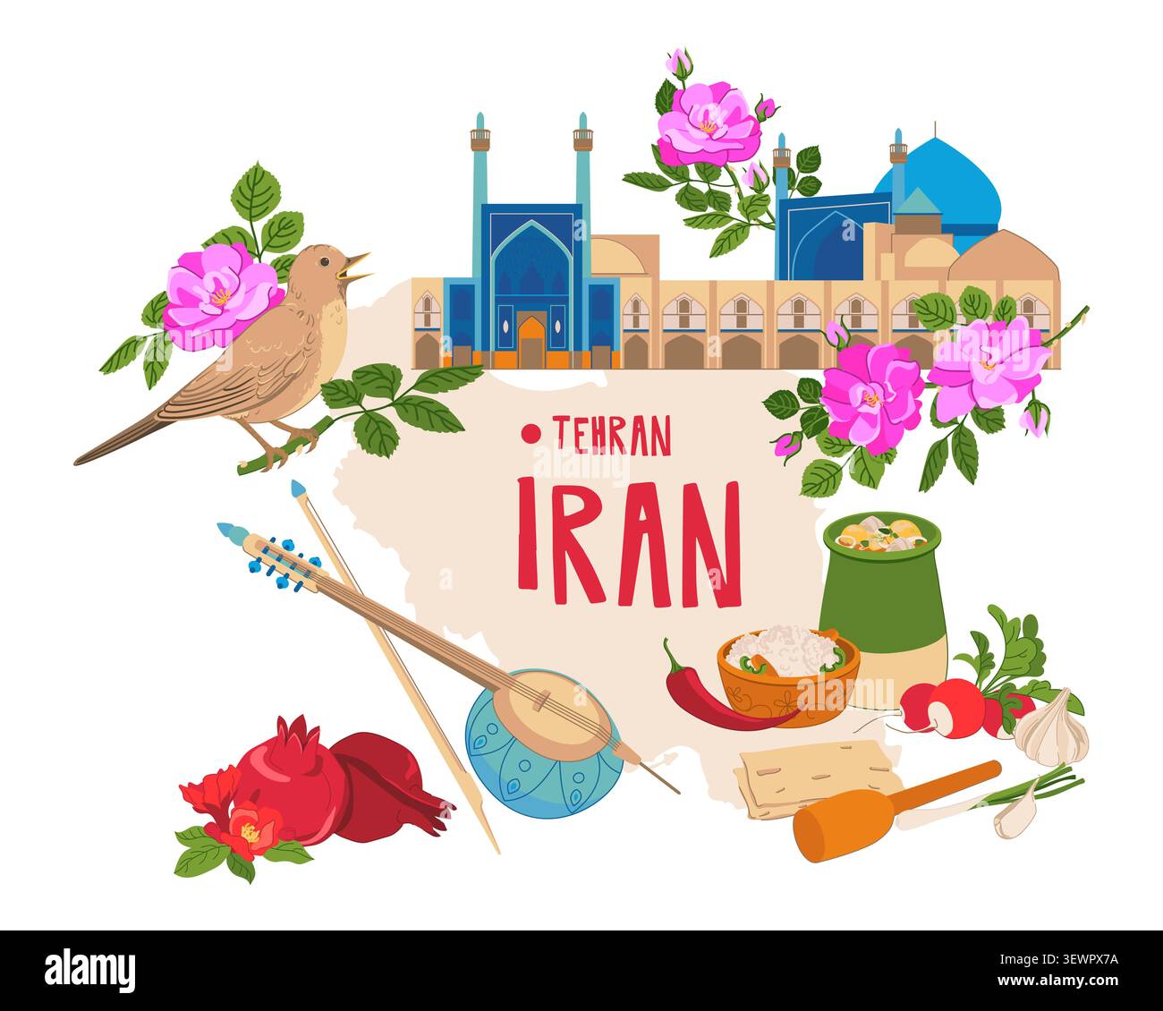 Une carte vectorielle de l'Iran avec des repères et des symboles islamiques. La mosquée Shah et l'instrument de musique national Kamancheh. Une rose persane et une nightinga Illustration de Vecteur
