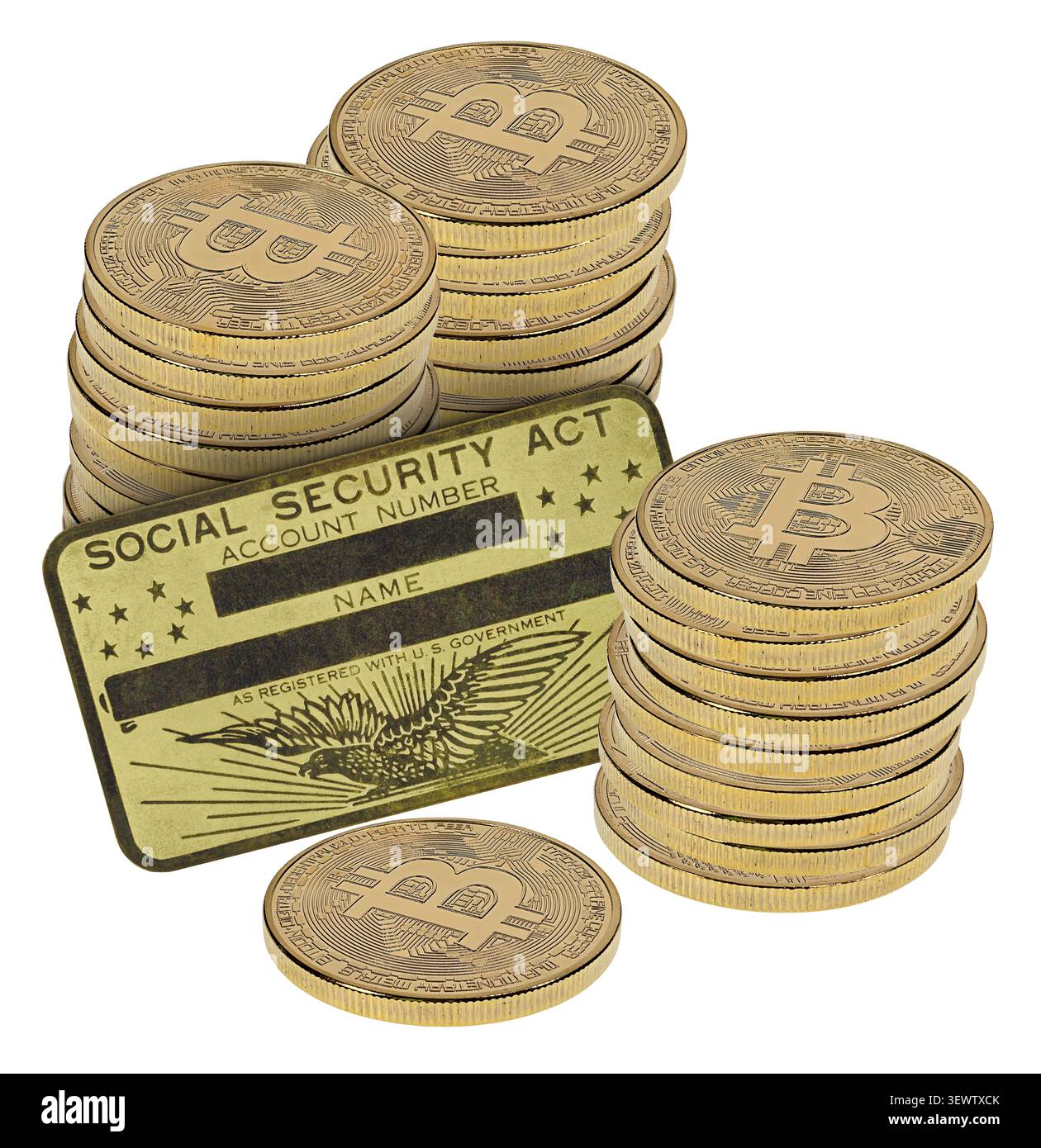 Carte de sécurité sociale en laiton vintage utilisée à des fins d'identification et une pile de Bitcoins, pour montrer la planification de la retraite Banque D'Images