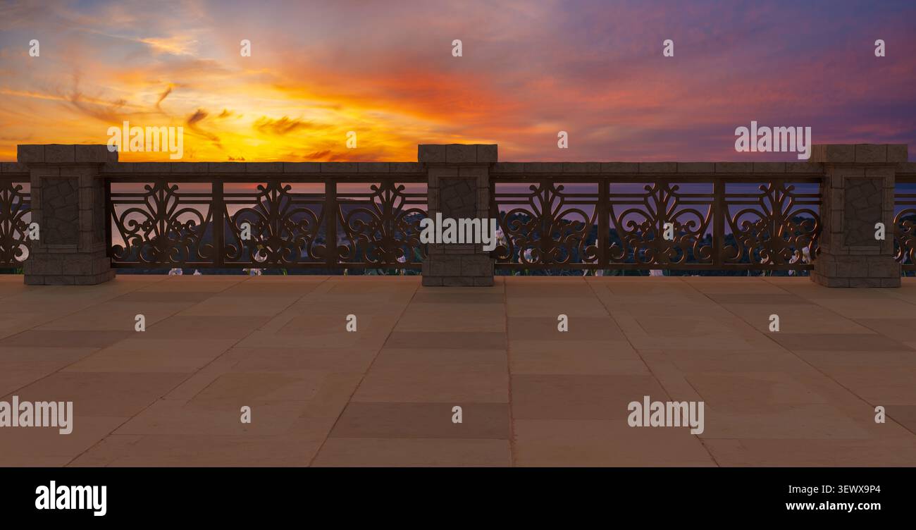Une terrasse d'observation avec des balustrades décoratives donnant sur le beau ciel du soir Banque D'Images