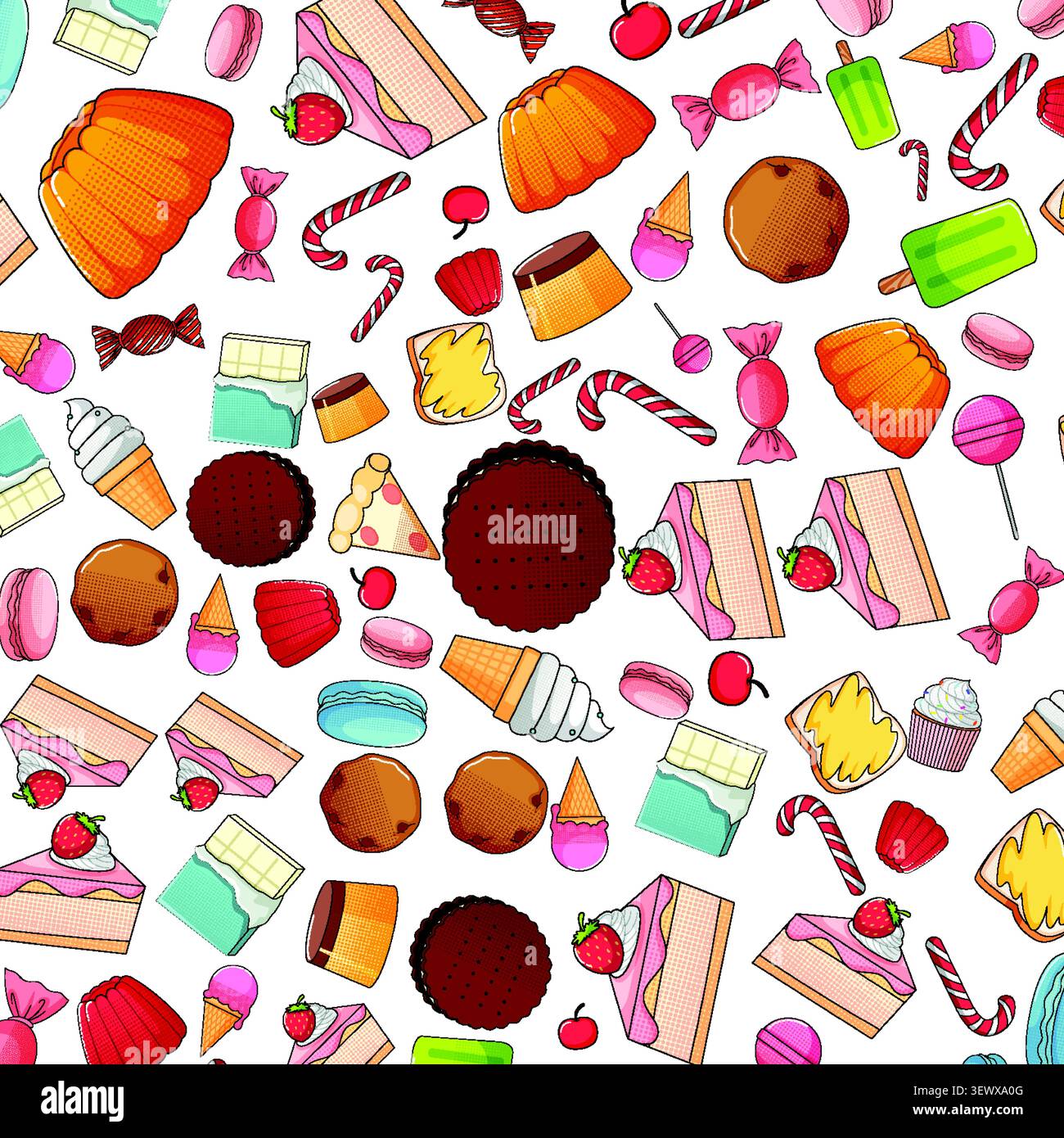 Illustration vectorielle pop art dynamique de bonbons assortis, gâteaux et crème glacée sur blanc. Illustration de Vecteur