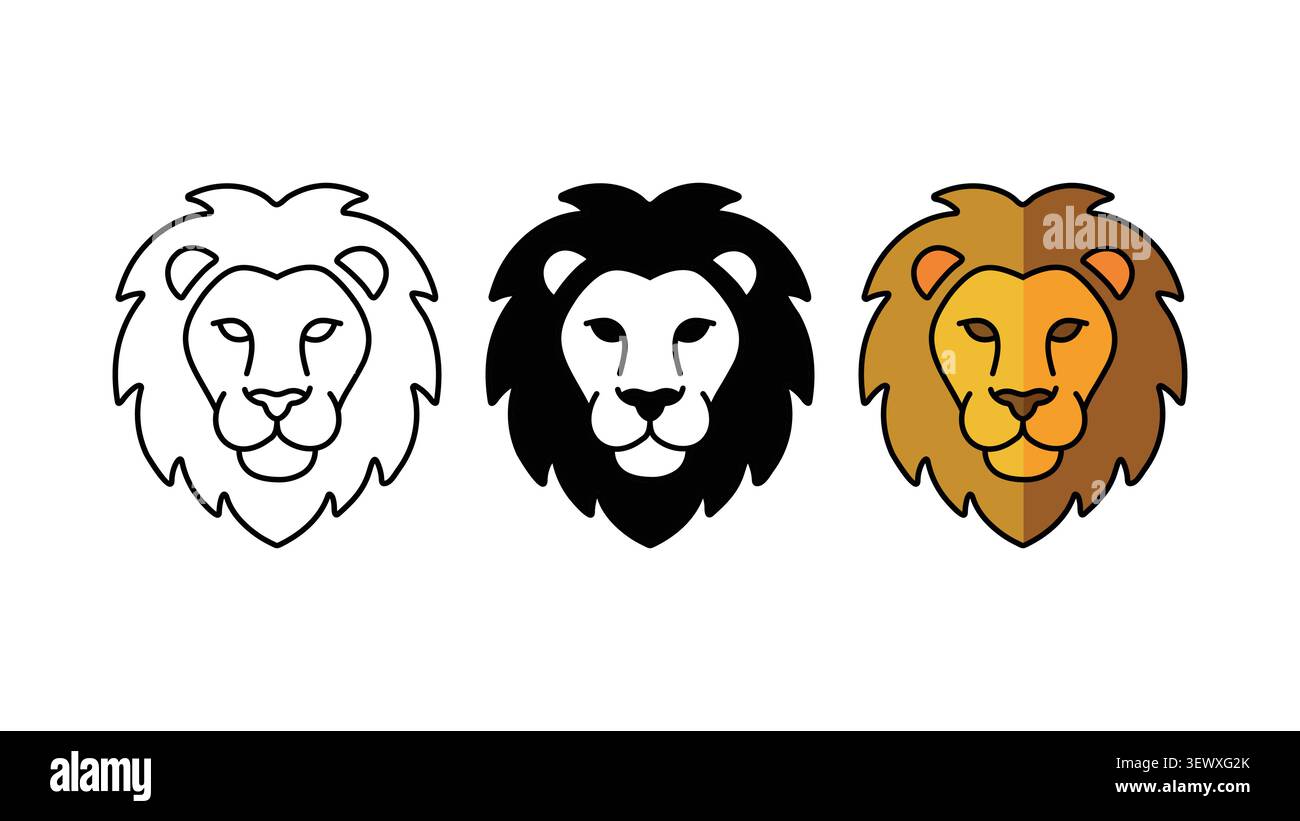 Icône de tête de lion définir silhouette de contour et vecteur de couleur isolé sur fond blanc Illustration de Vecteur