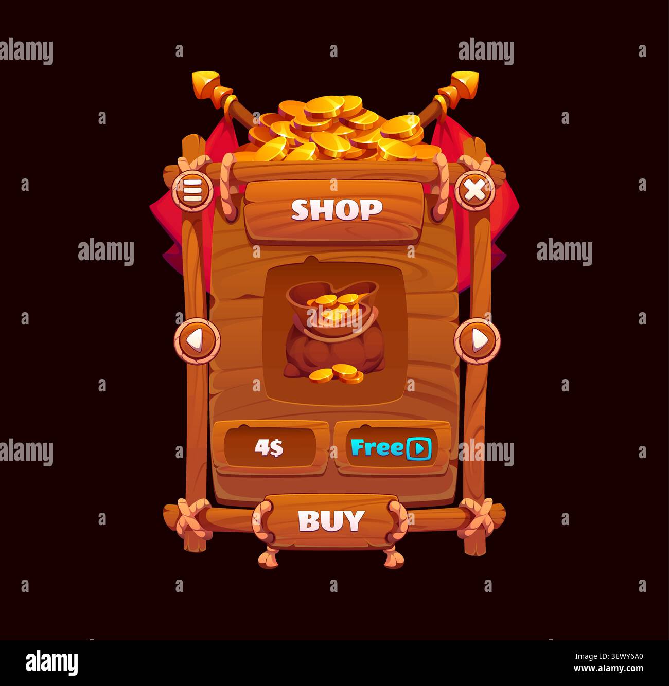 Fenêtre d'application d'interface d'interface de jeu de pirate avec des boutons sur panneau de planche en bois. Caraïbes aventure pirate et corsair jeu UI du menu de la boutique utilisateur avec option d'achat d'or au trésor pour l'écran de magasin de jeux vidéo GUI Illustration de Vecteur